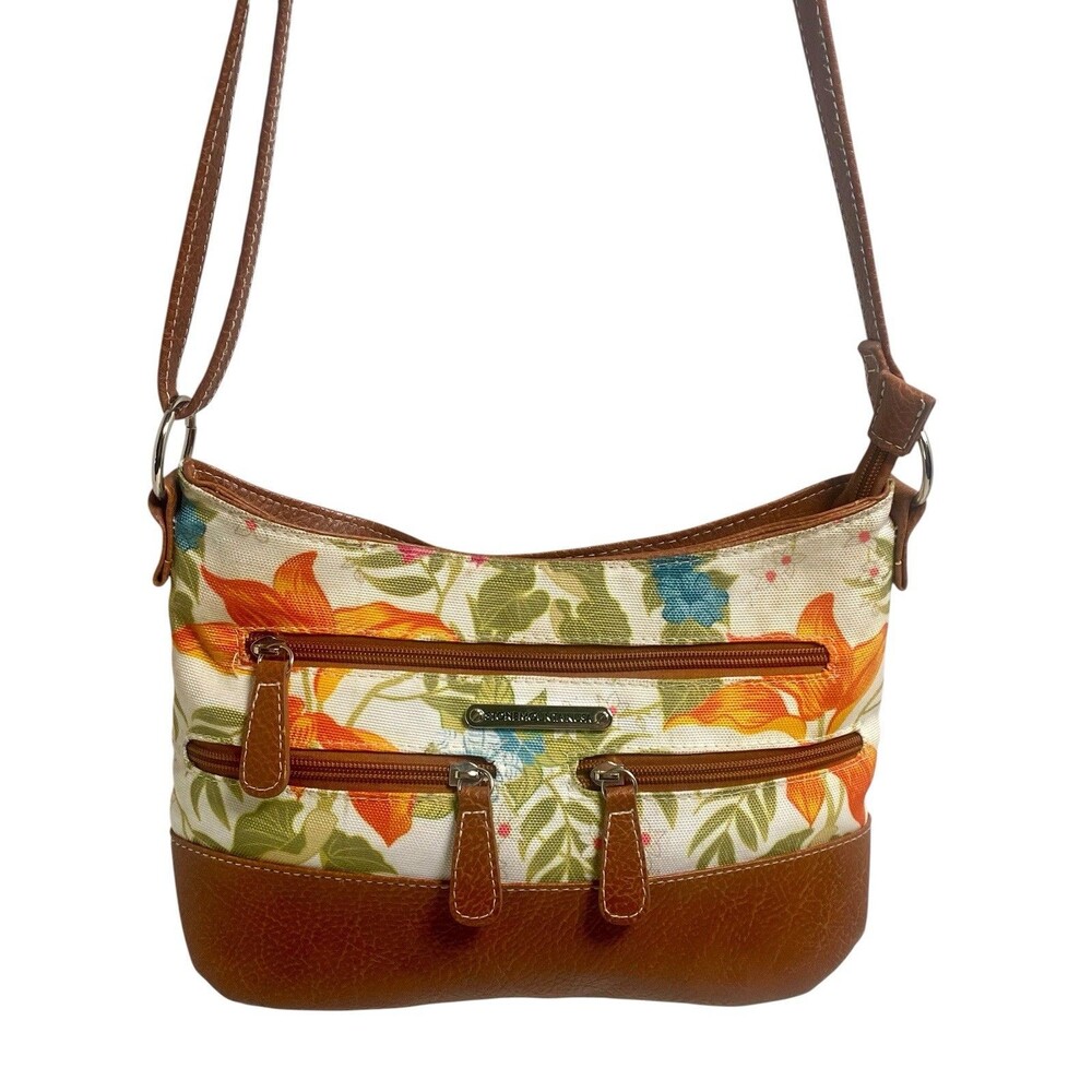 Stone Mountain USA Hobo Purse Shoulder Bag Crossbody Tropical Floral Brown Trim